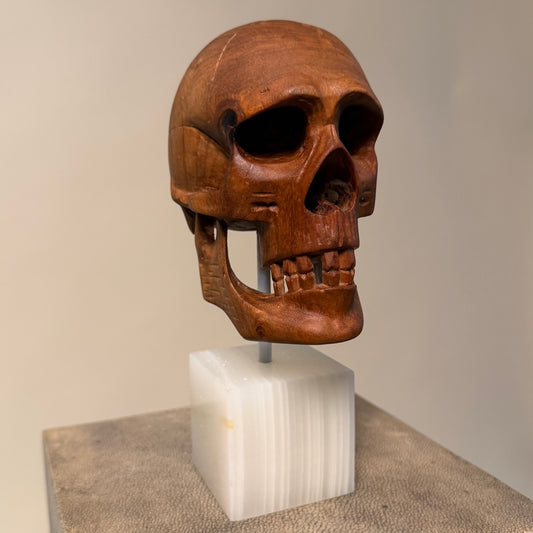 Carved Wood Momento Mori Skull on Onyx Base