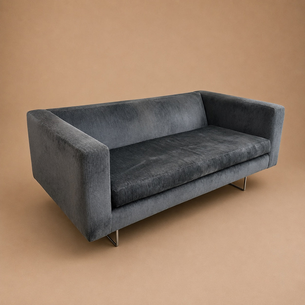 Rare Harvey Probber Settee Couch in Plush Shark Blue w/ Lucite Base