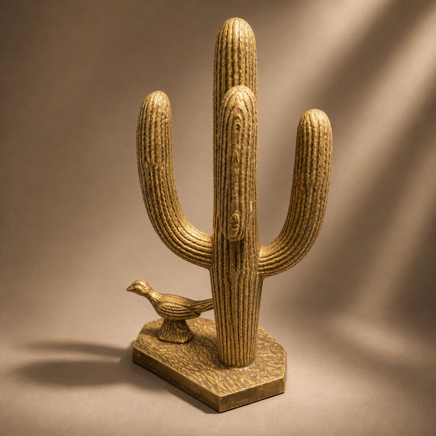 Vintage Brass Saguaro Cactus Sculpture with Road Runner