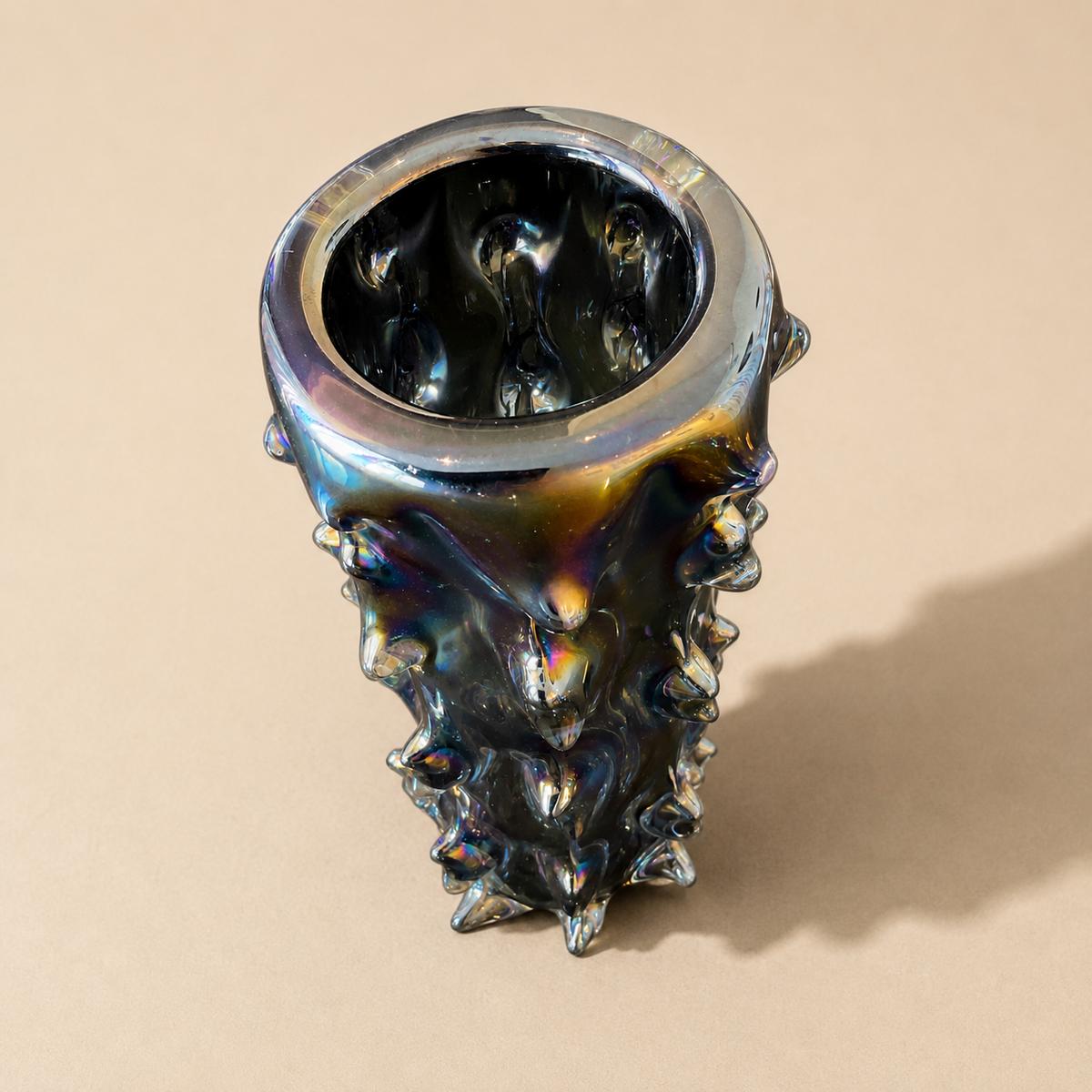 Asymmetrical Pair of Black Iridescent Spike Vases