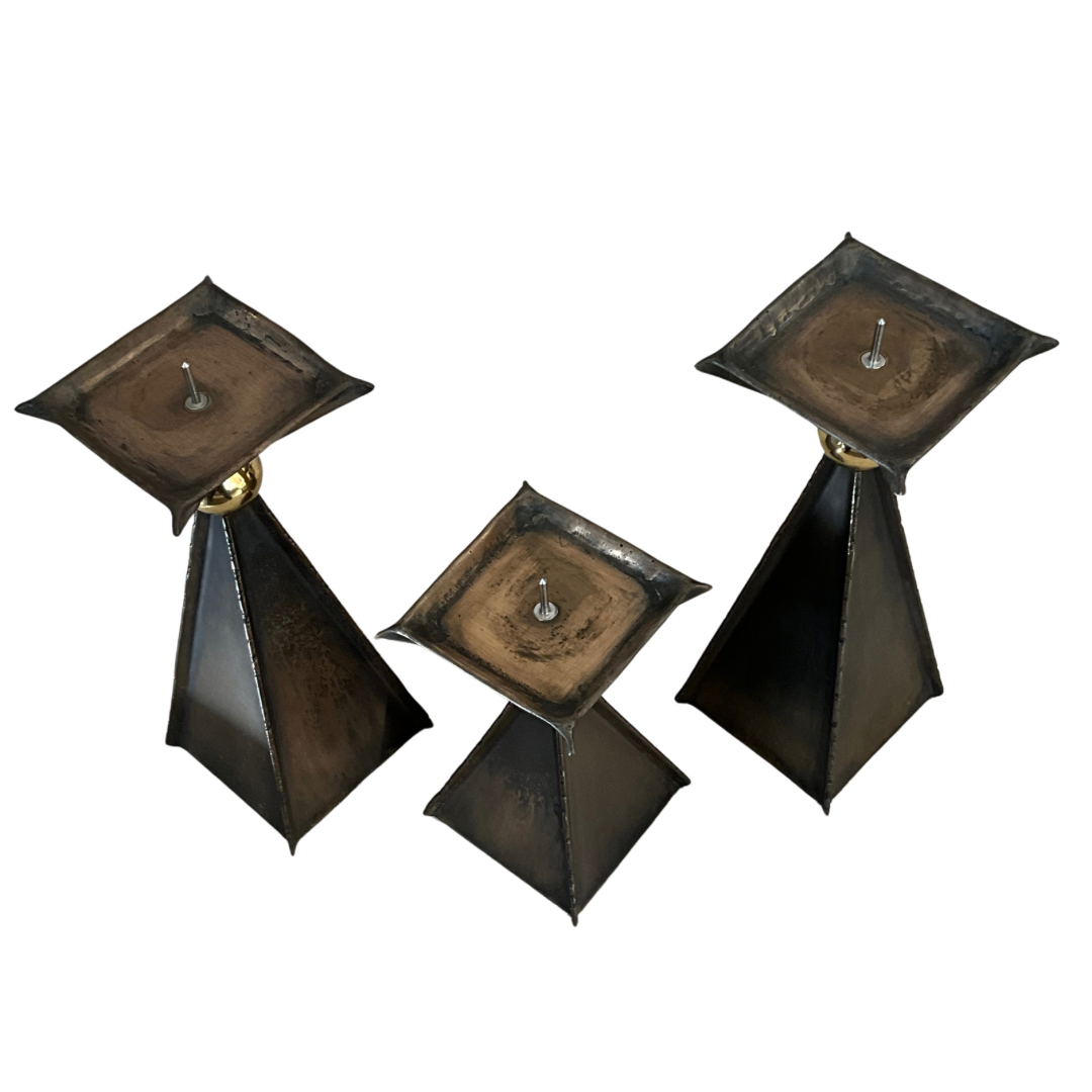 Set of 3 Brass Pyramid Candle Holders w/Brass Ball