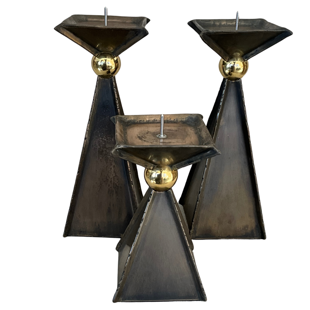 Set of 3 Brass Pyramid Candle Holders w/Brass Ball