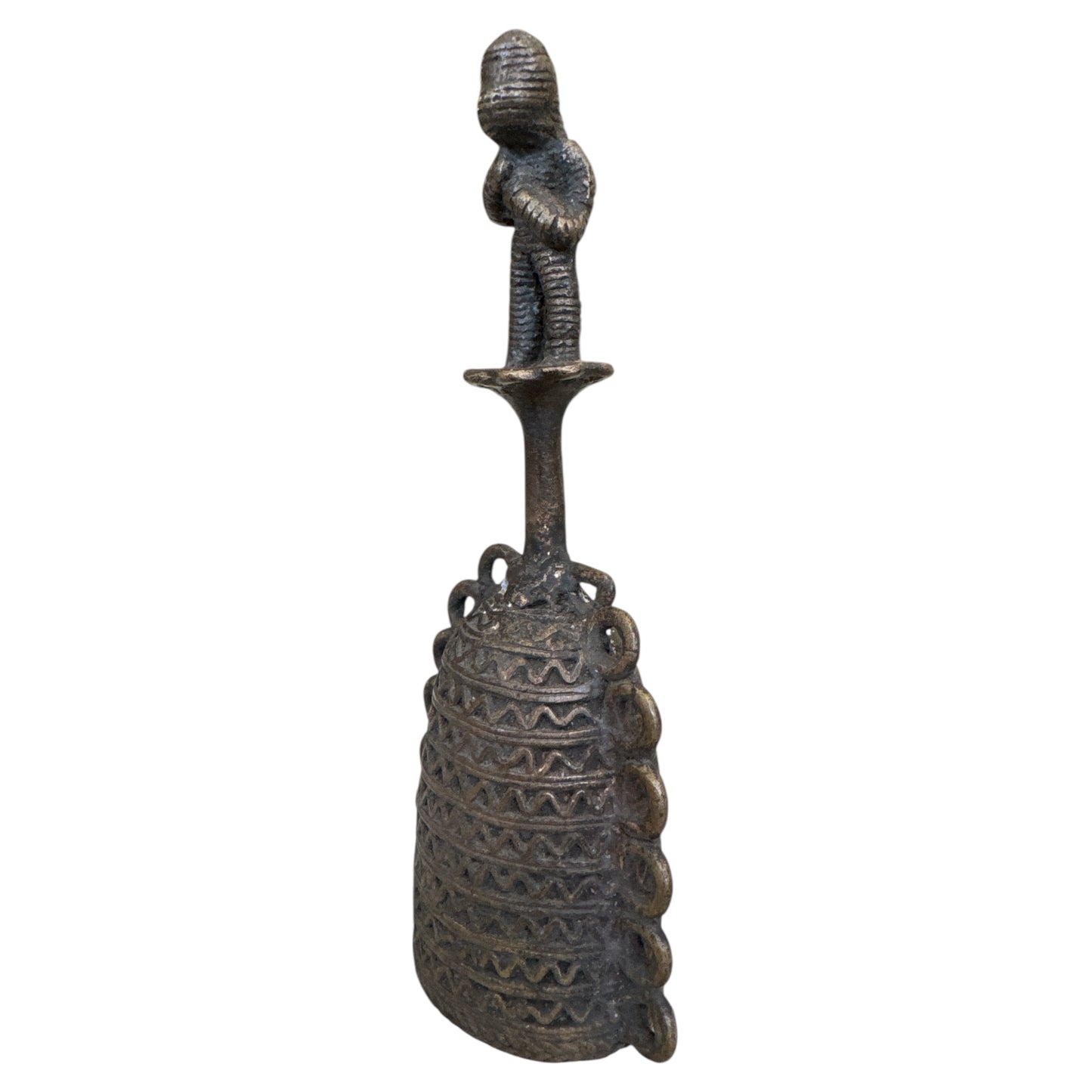 Benin Bronze Bell Man with Hands on Chest