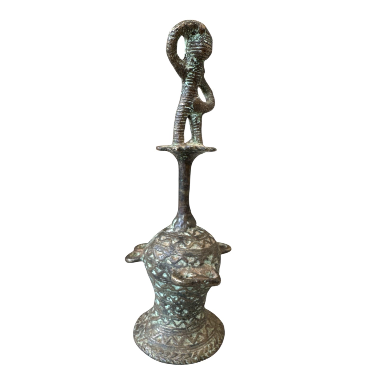 Benin Bronze Bell Man w/ Hand on Stomach & Hand on Head