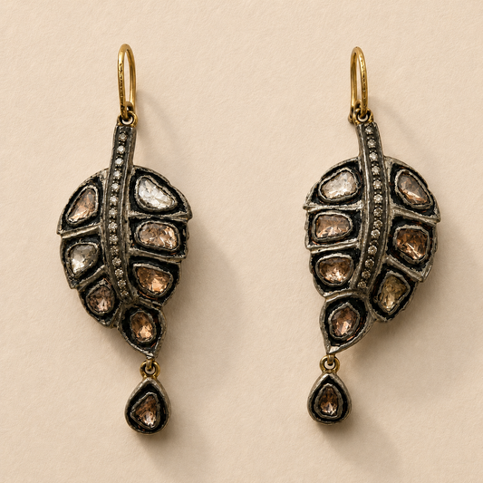 Raw Cut Diamonds Abstract Feather Shape Earrings