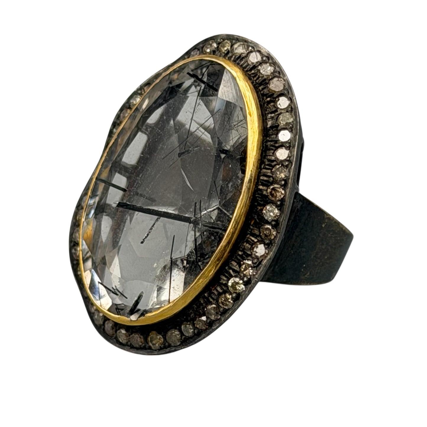 Clear Rutilated Quartz Ring with Diamonds