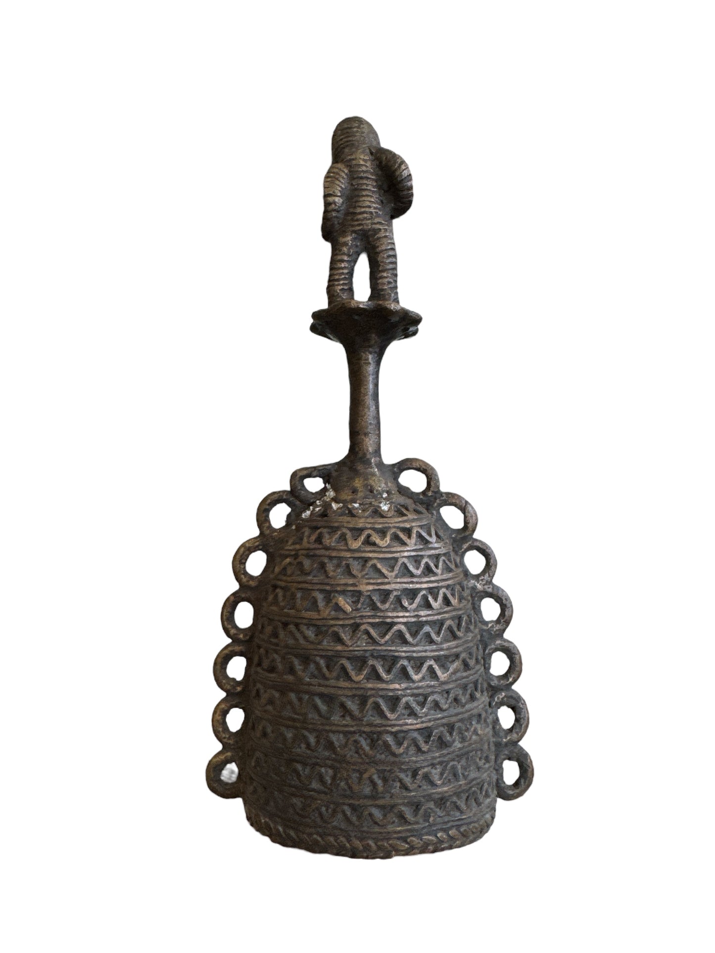 Benin Bronze Bell Man with Hands on Chest