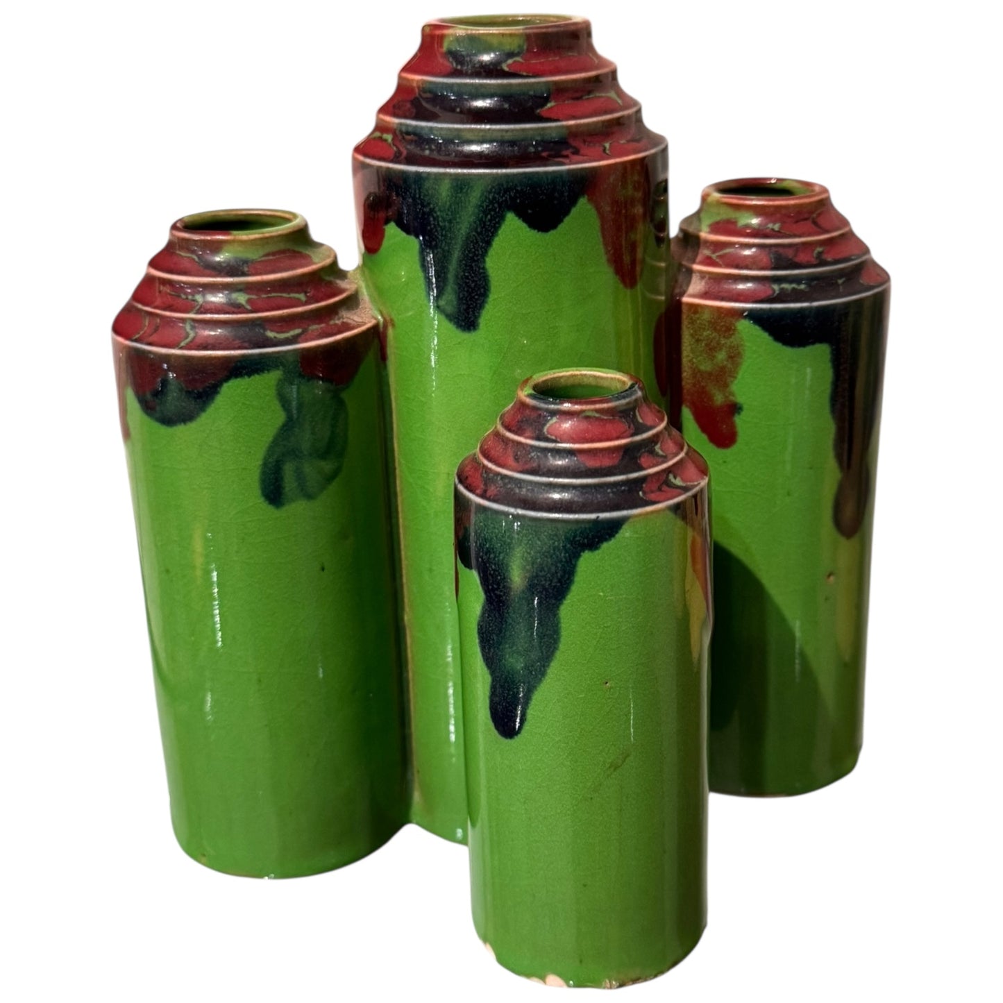 Pair of Art Deco Drip Vases Yellow and Green Bases with Multi Colors