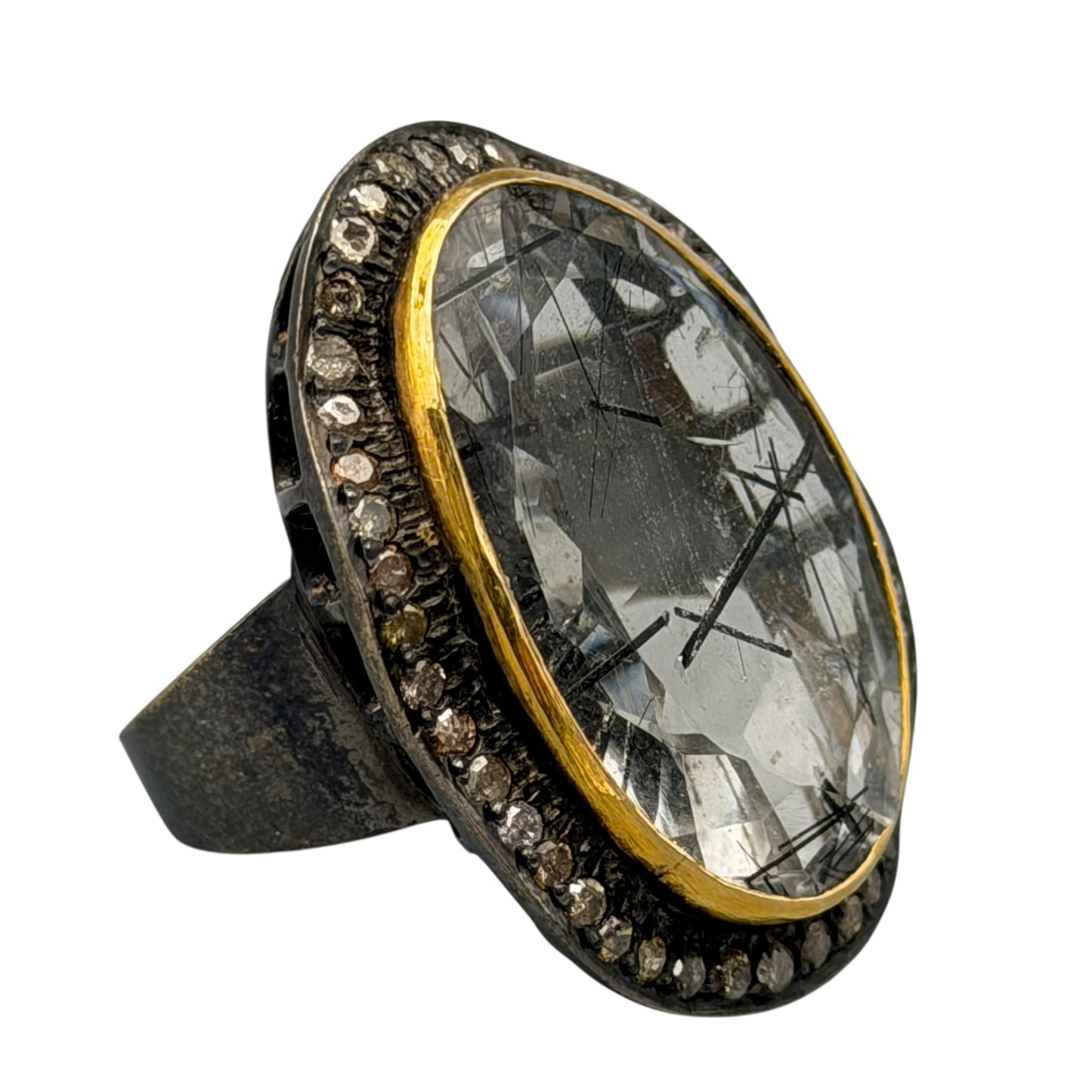 Clear Rutilated Quartz Ring with Diamonds