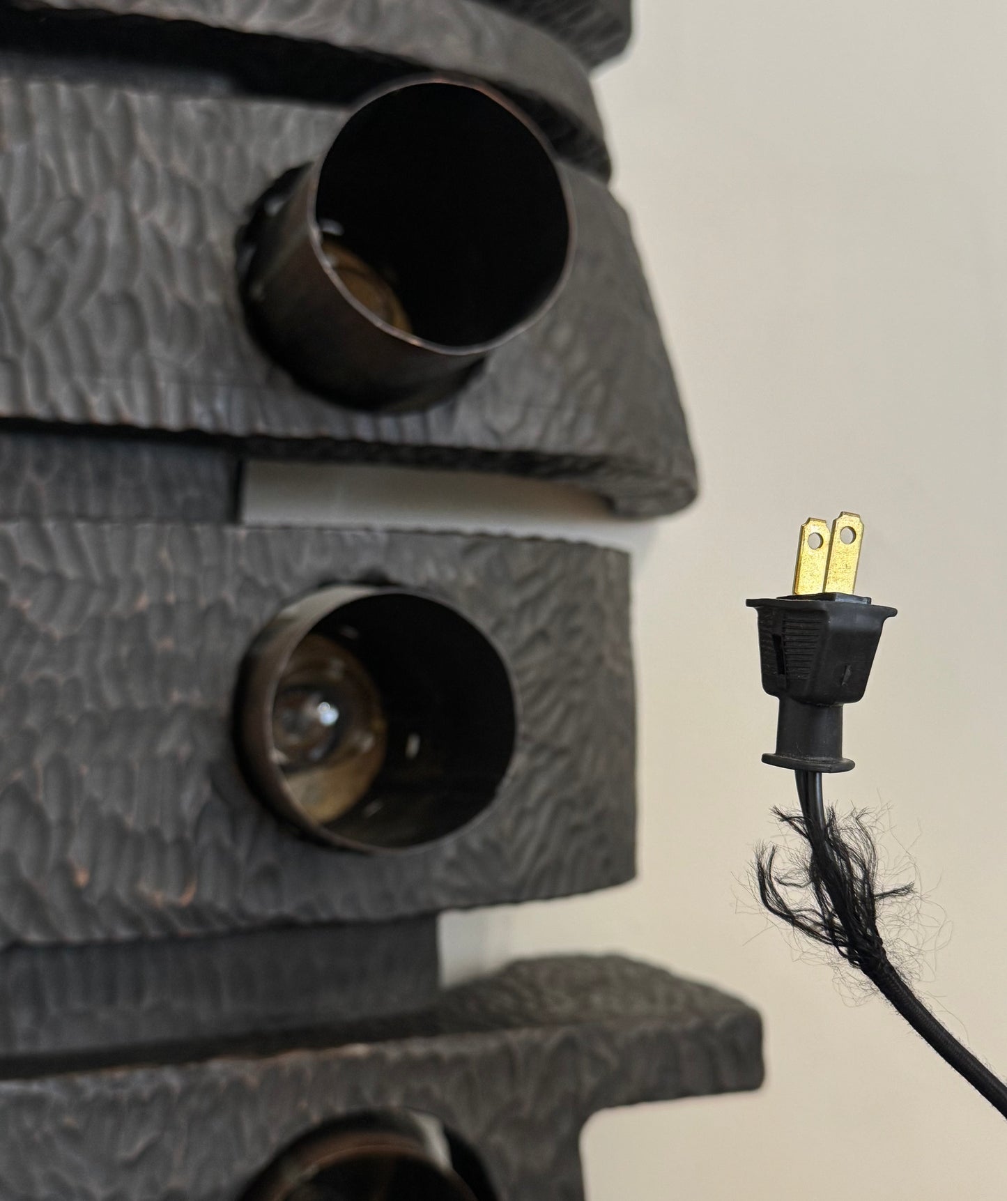 1940s French Hand-Carved Ebony Brutalist Art Light with Copper Cylinder