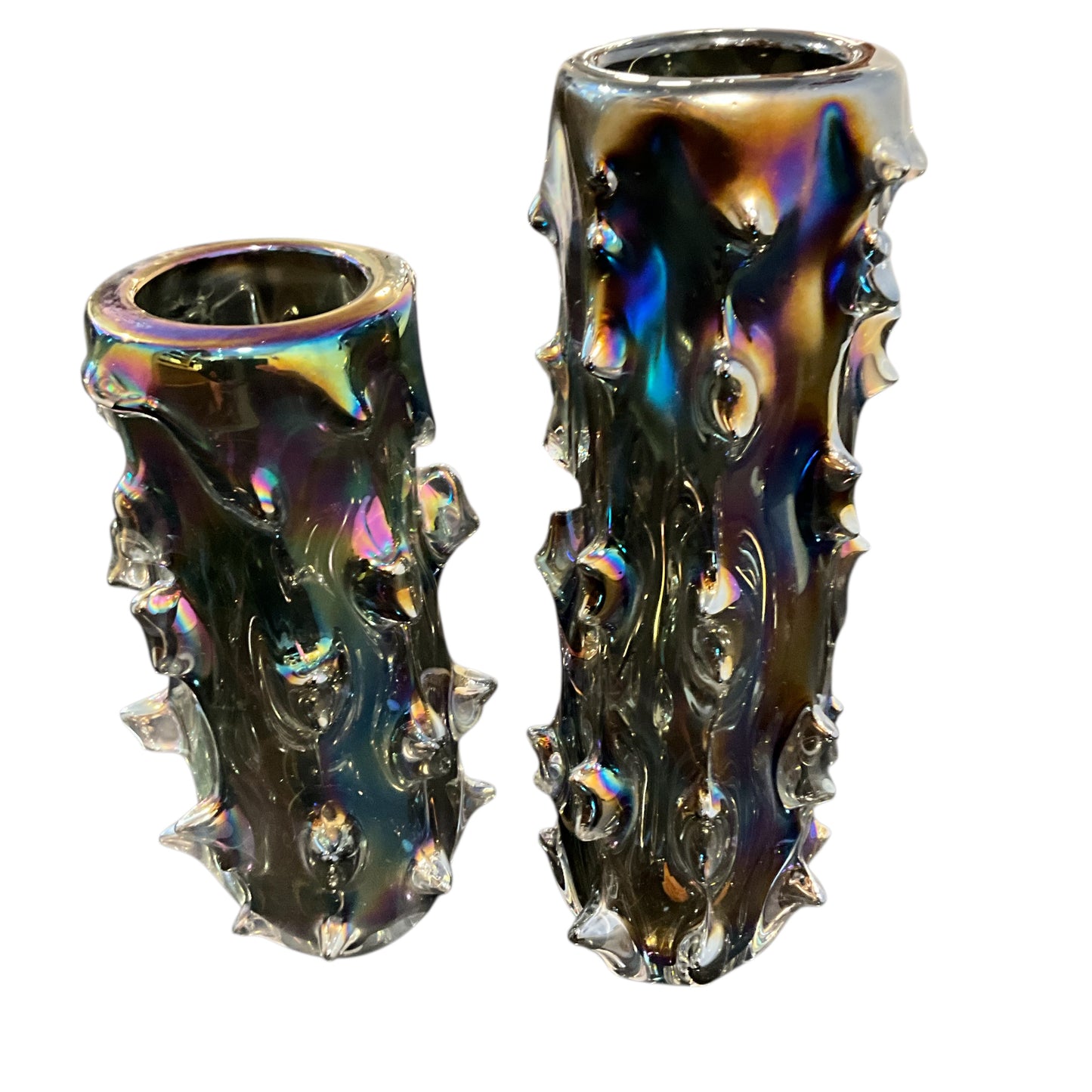 Asymmetrical Pair of Black Iridescent Spike Vases