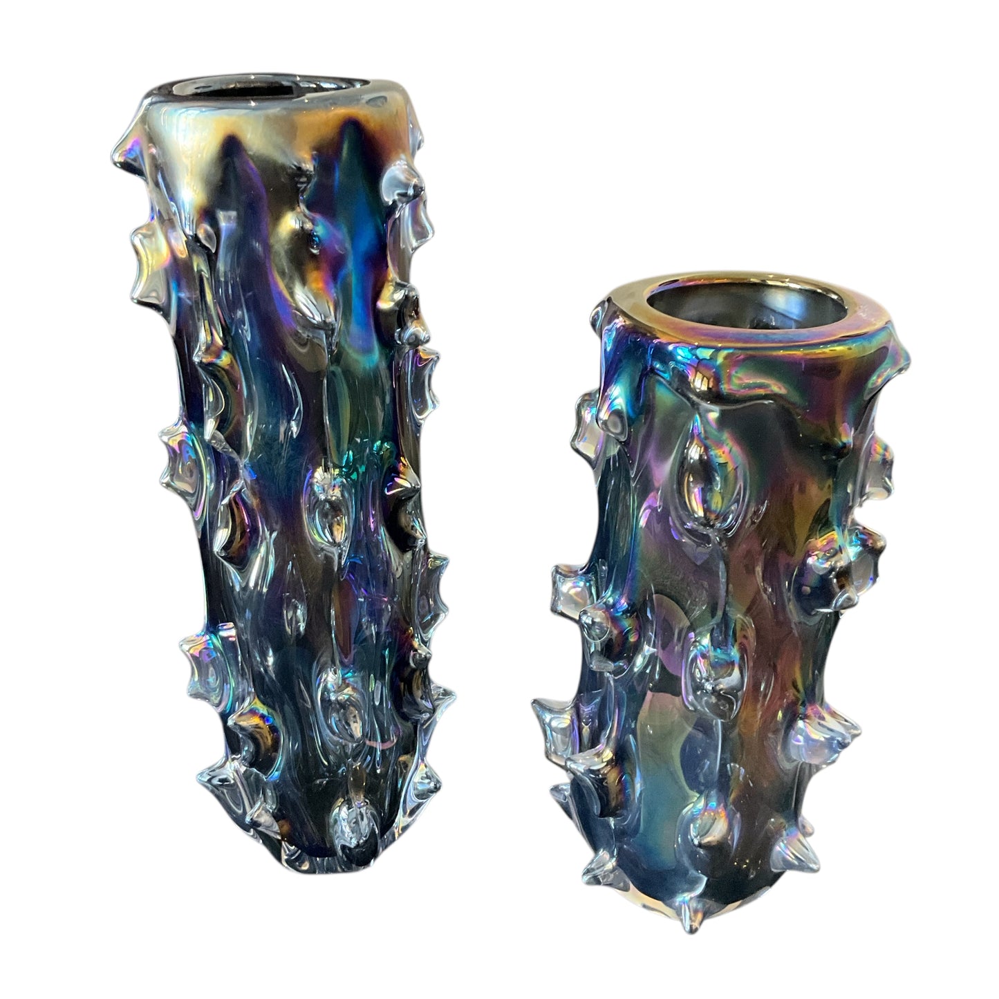 Asymmetrical Pair of Black Iridescent Spike Vases