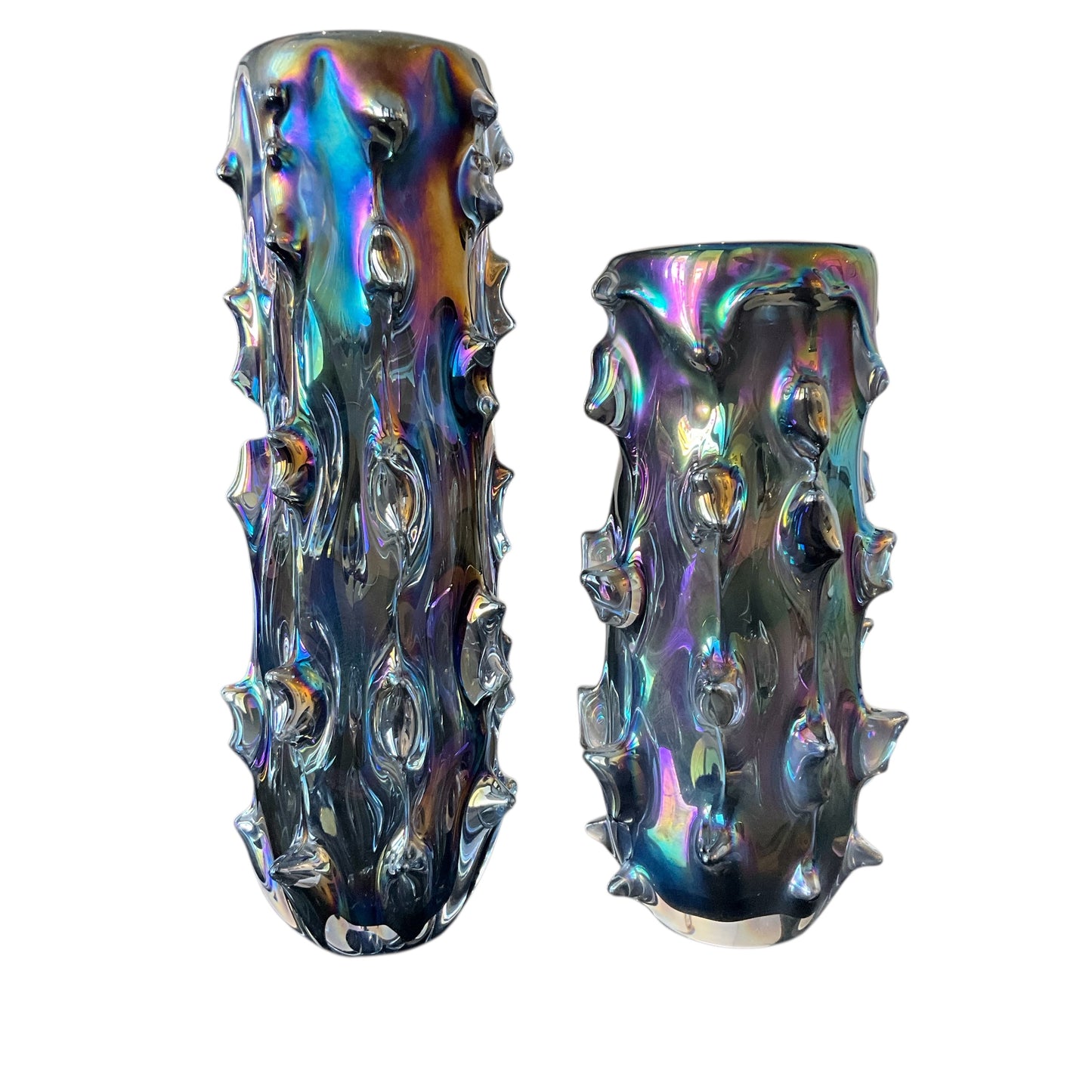 Asymmetrical Pair of Black Iridescent Spike Vases