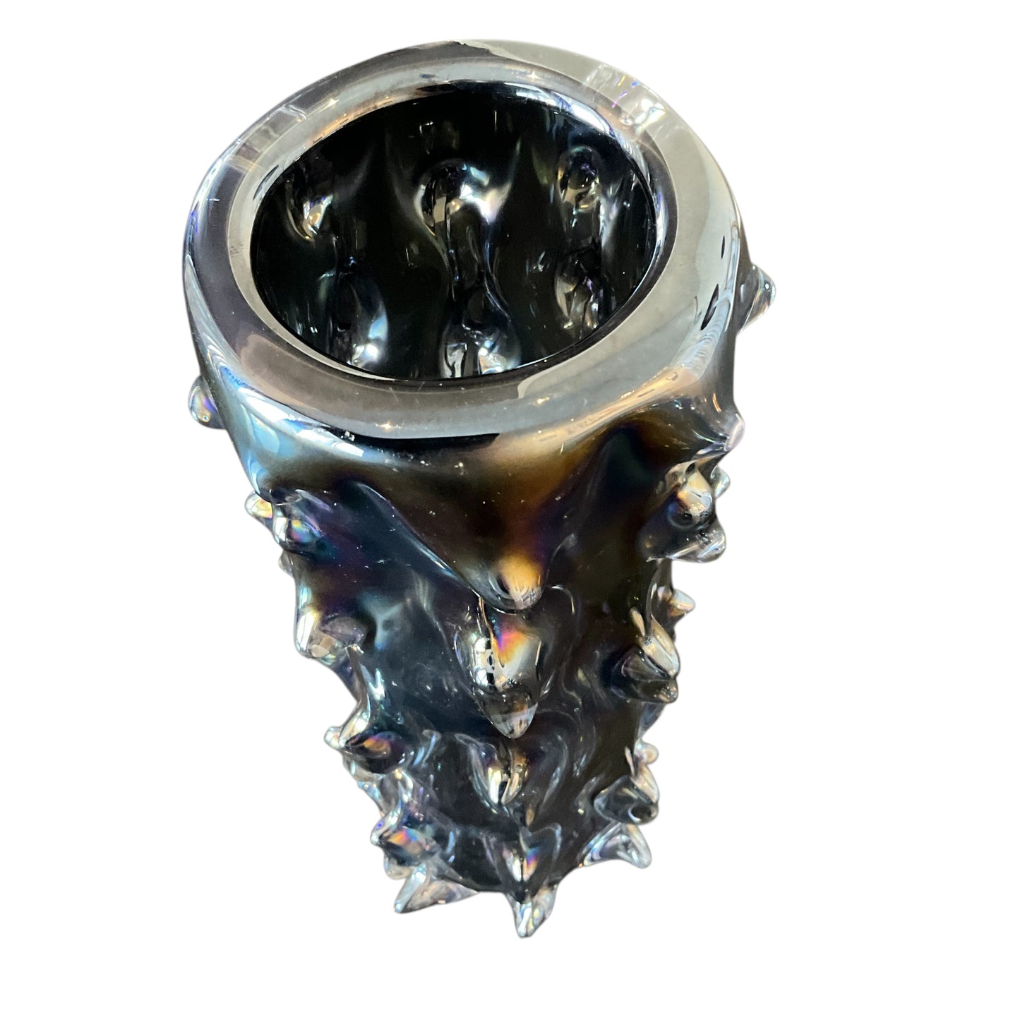 Asymmetrical Pair of Black Iridescent Spike Vases