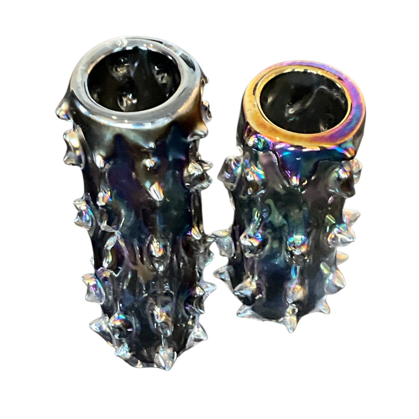Asymmetrical Pair of Black Iridescent Spike Vases