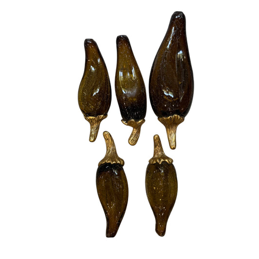 Set of 5 Vintage Blown Glass Peppers w/ Brass