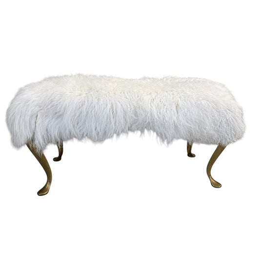 White Mongolian Fur Bench with Brass Legs