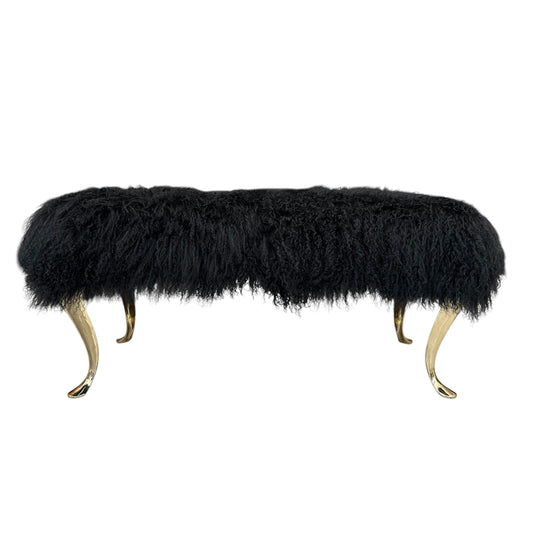 Black Mongolian Fur Bench with Brass Legs