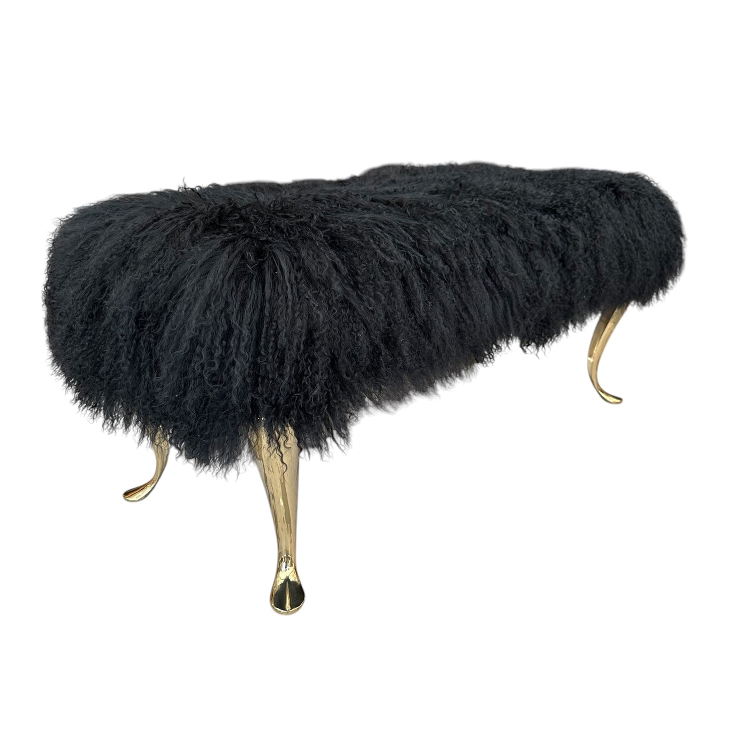 Black Mongolian Fur Bench with Brass Legs