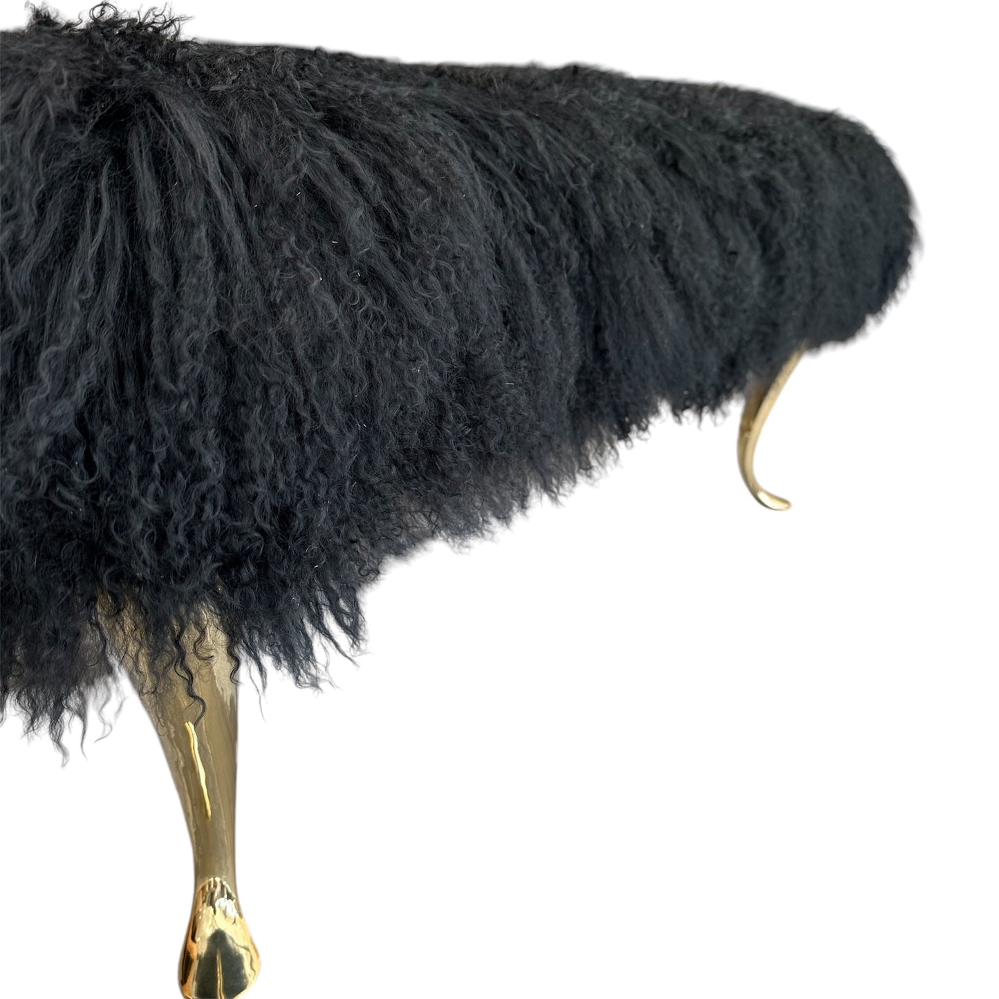 Black Mongolian Fur Bench with Brass Legs