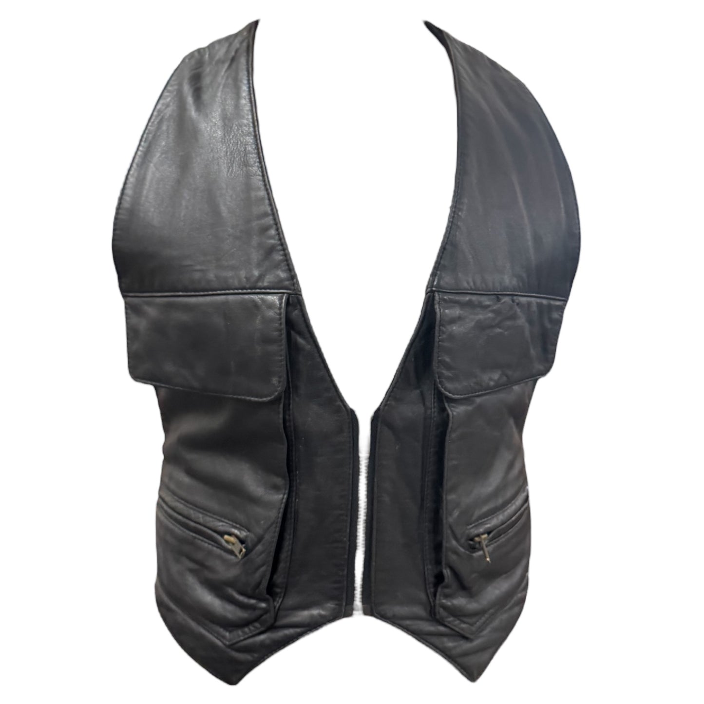 Black Leather Vest with 2 Zip and 2 Velcro pockets