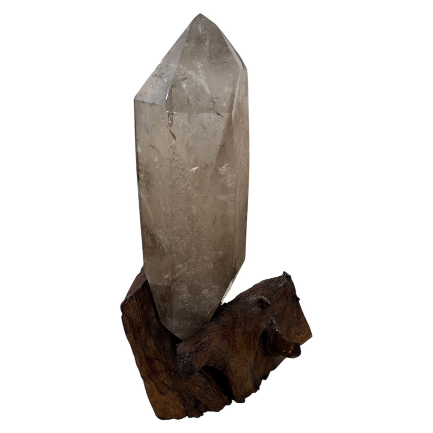 XL SMOKY QUARTZ CRYSTAL ON WOOD BASE