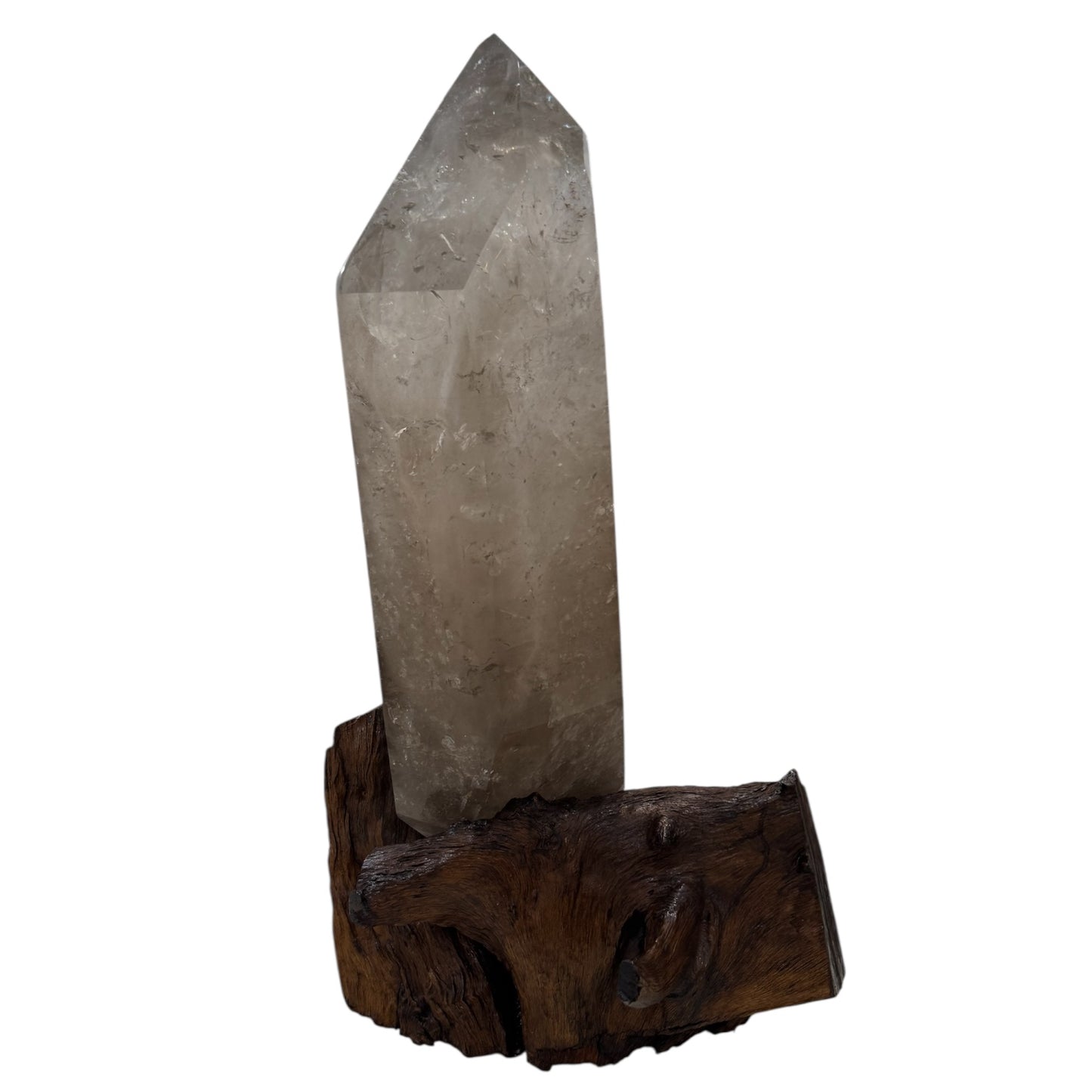 XL SMOKY QUARTZ CRYSTAL ON WOOD BASE