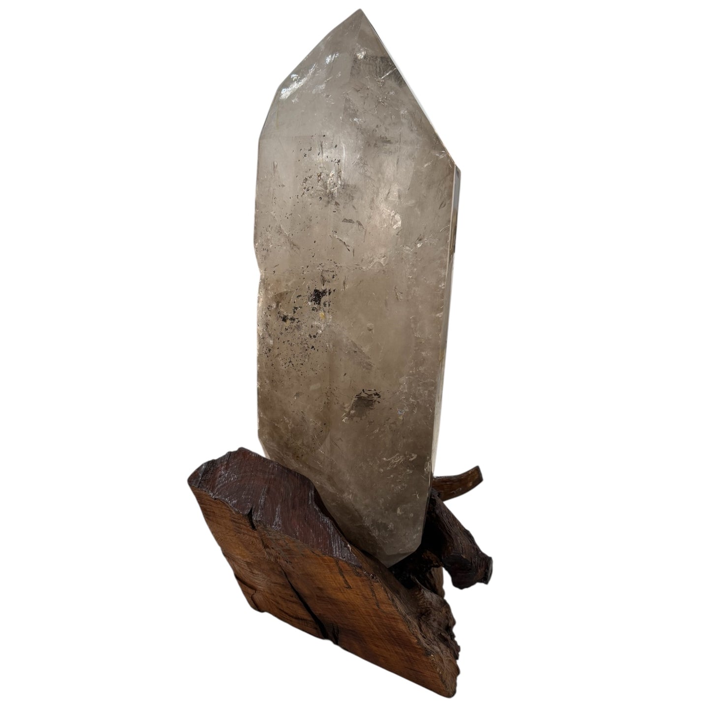 XL SMOKY QUARTZ CRYSTAL ON WOOD BASE