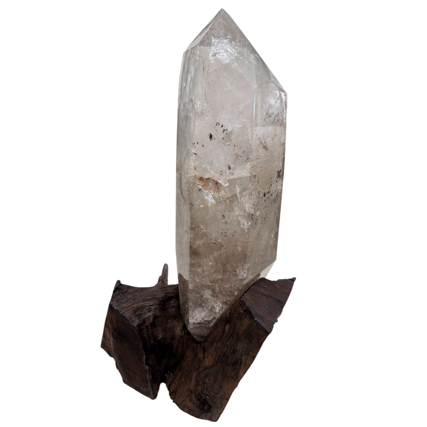 XL SMOKY QUARTZ CRYSTAL ON WOOD BASE