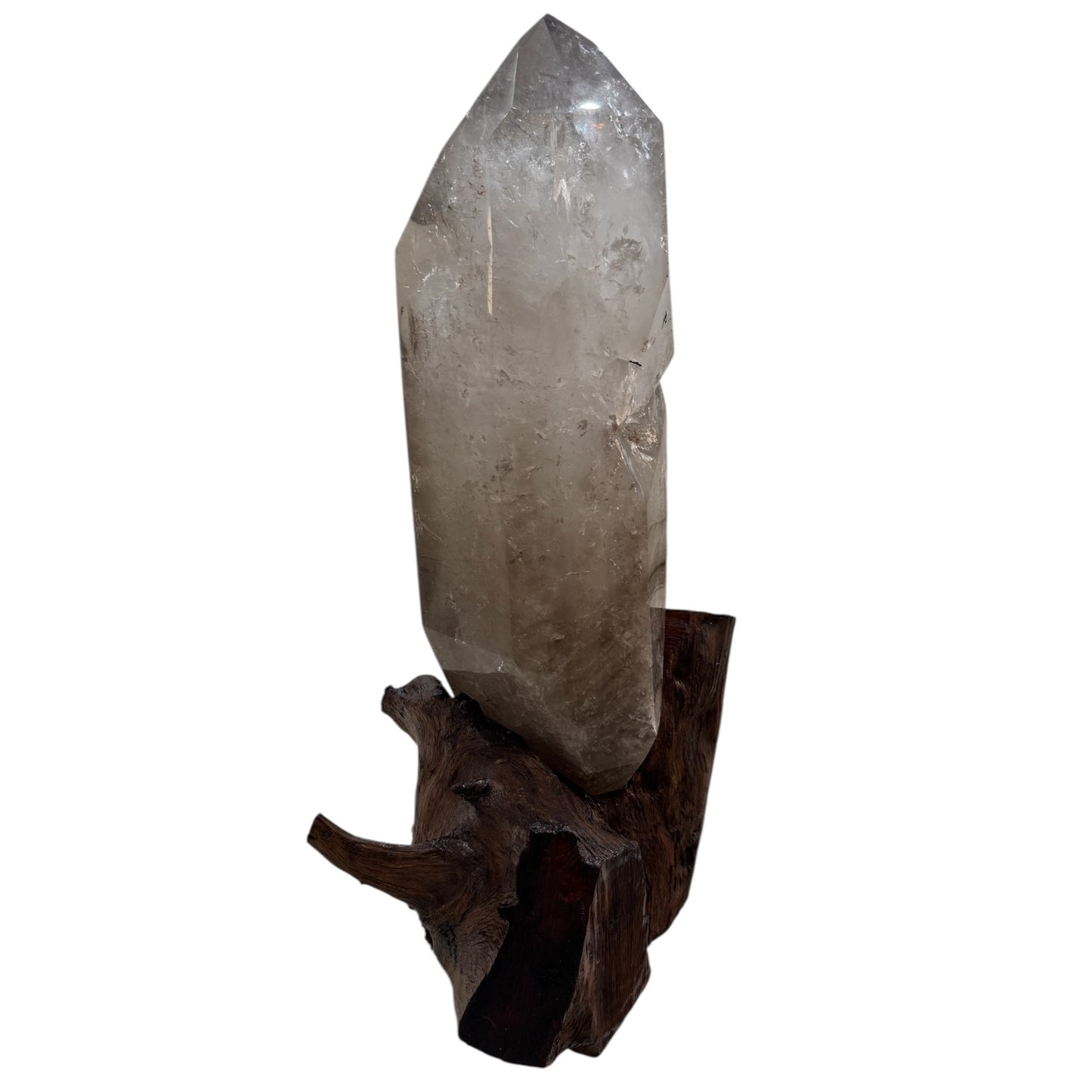 XL SMOKY QUARTZ CRYSTAL ON WOOD BASE