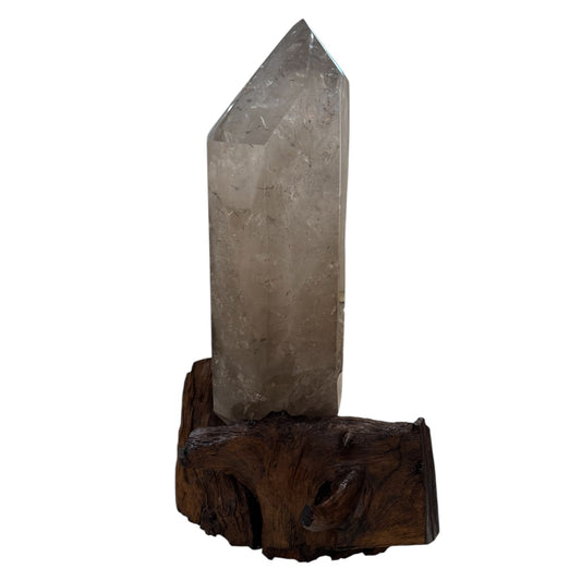 XL SMOKY QUARTZ CRYSTAL ON WOOD BASE