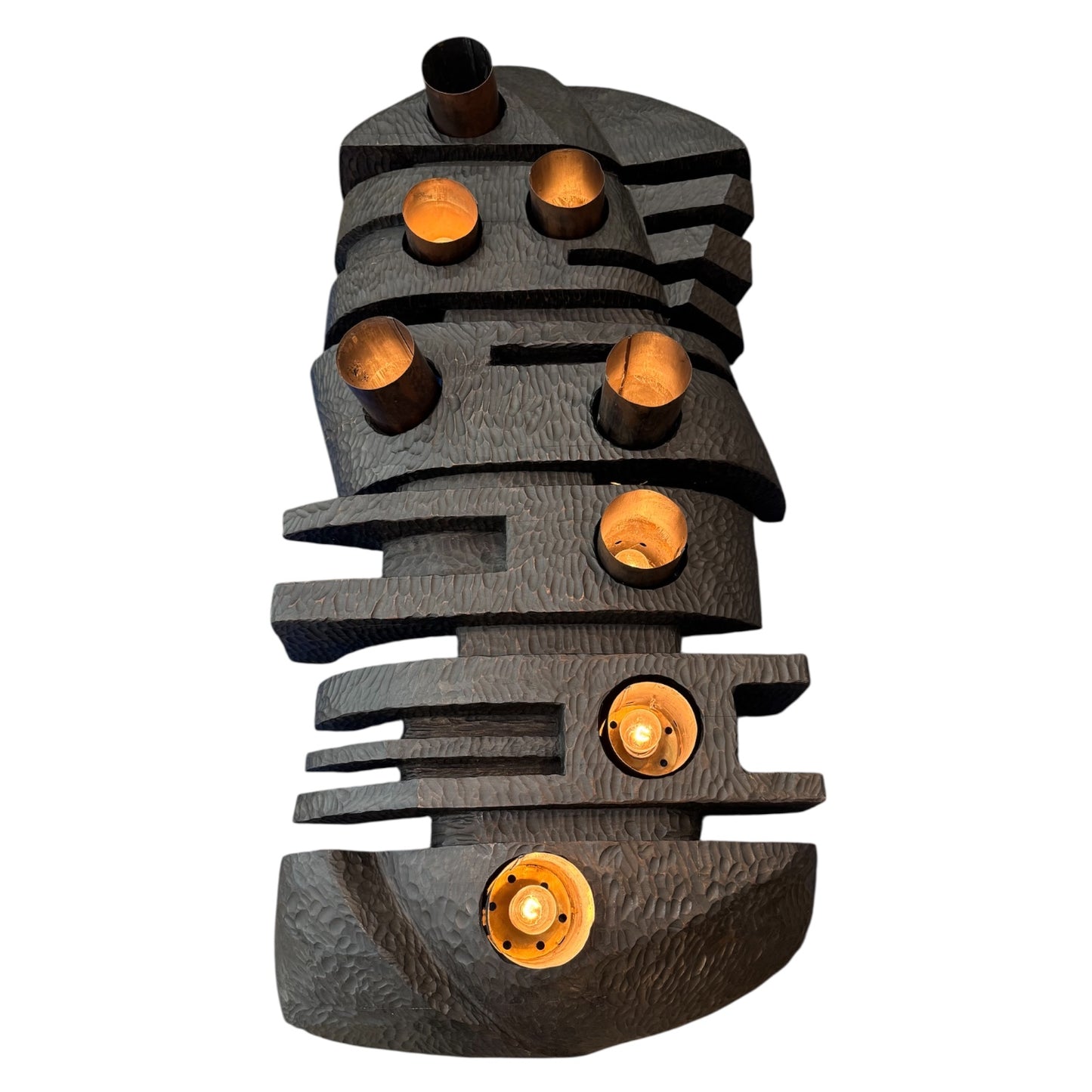 1940s French Hand-Carved Ebony Brutalist Art Light with Copper Cylinder