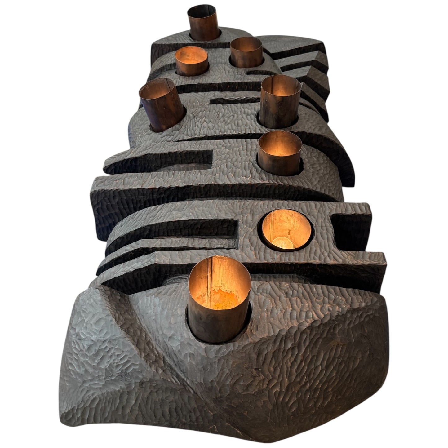 1940s French Hand-Carved Ebony Brutalist Art Light with Copper Cylinder