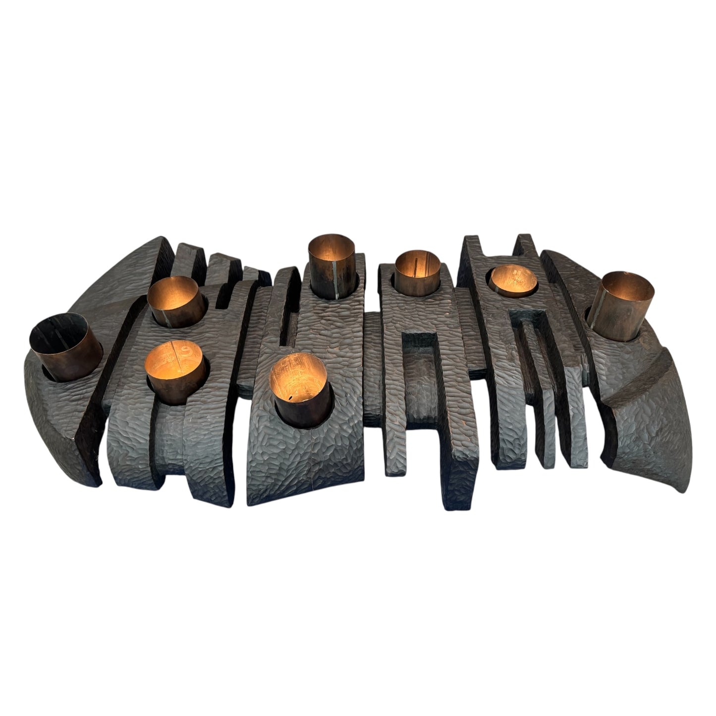 1940s French Hand-Carved Ebony Brutalist Art Light with Copper Cylinder