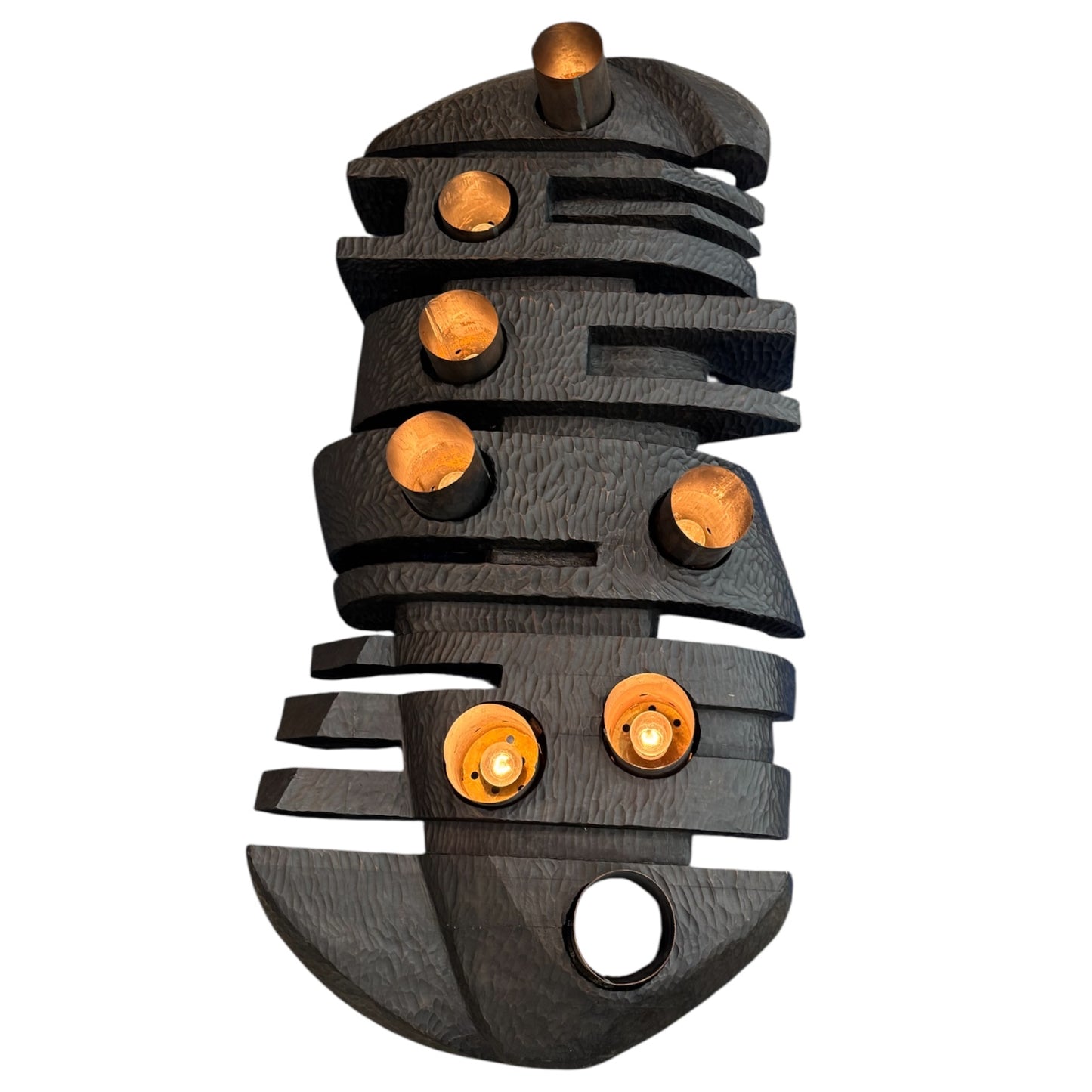 1940s French Hand-Carved Ebony Brutalist Art Light with Copper Cylinder