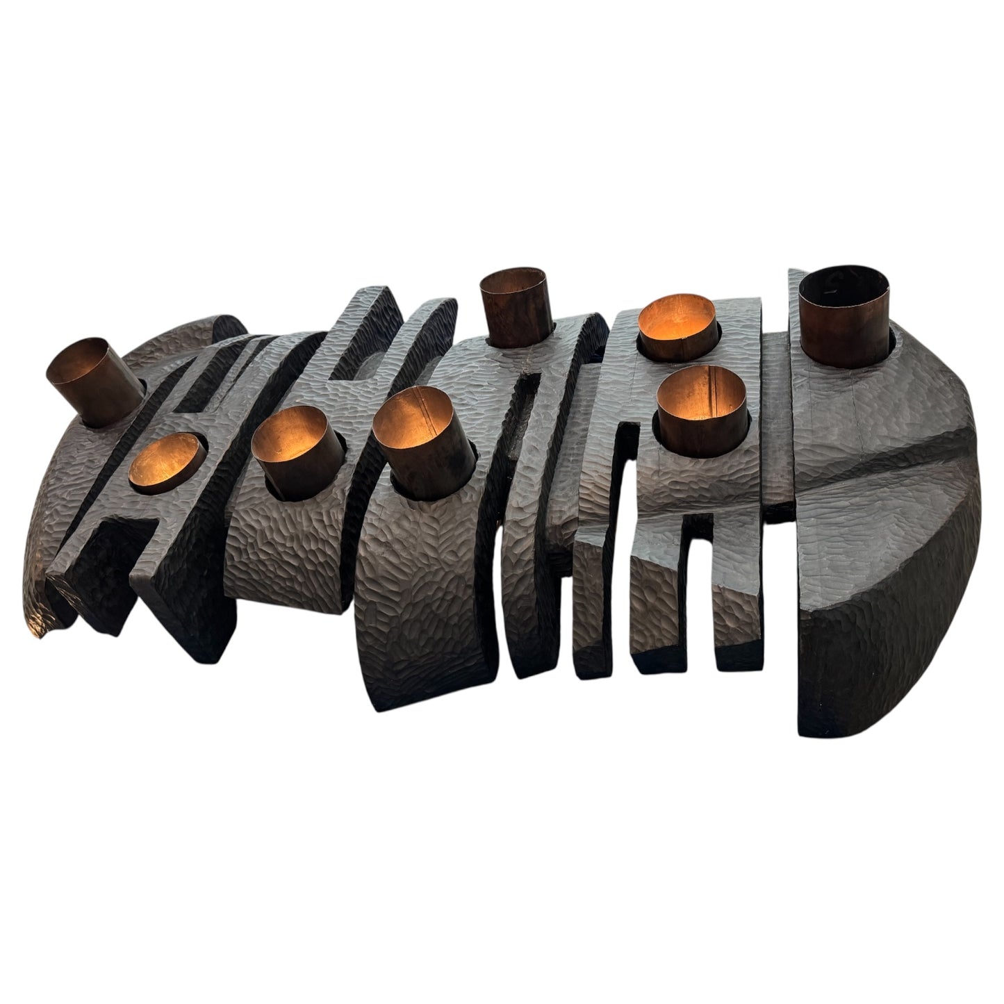 1940s French Hand-Carved Ebony Brutalist Art Light with Copper Cylinder