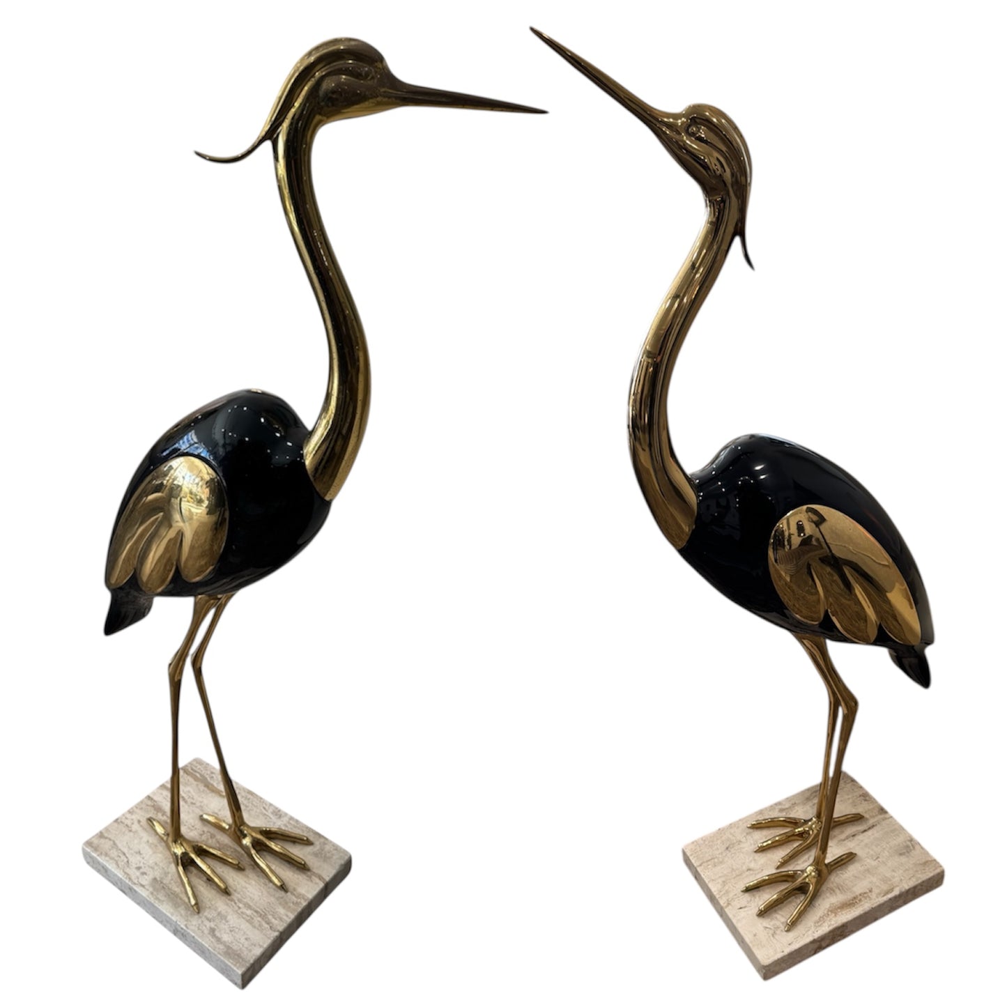 Pair of Herons Black and Gold with Marble Base
