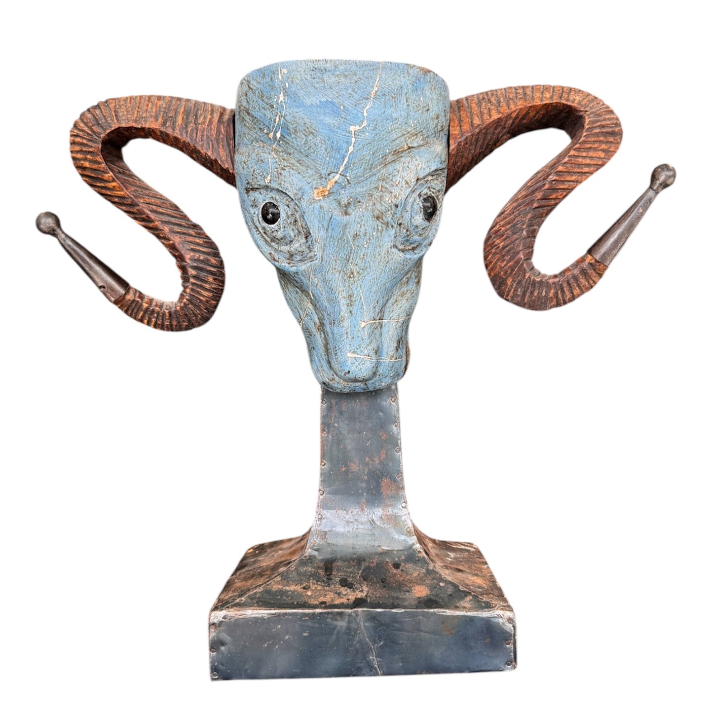 Vintage Turquoise Tone Unique Ram Head Sculpture on Base