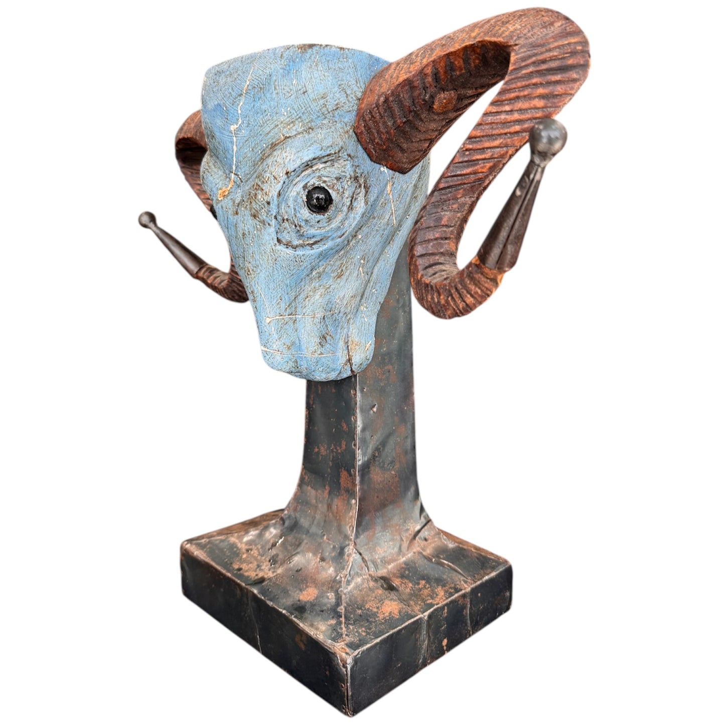 Vintage Turquoise Tone Unique Ram Head Sculpture on Base