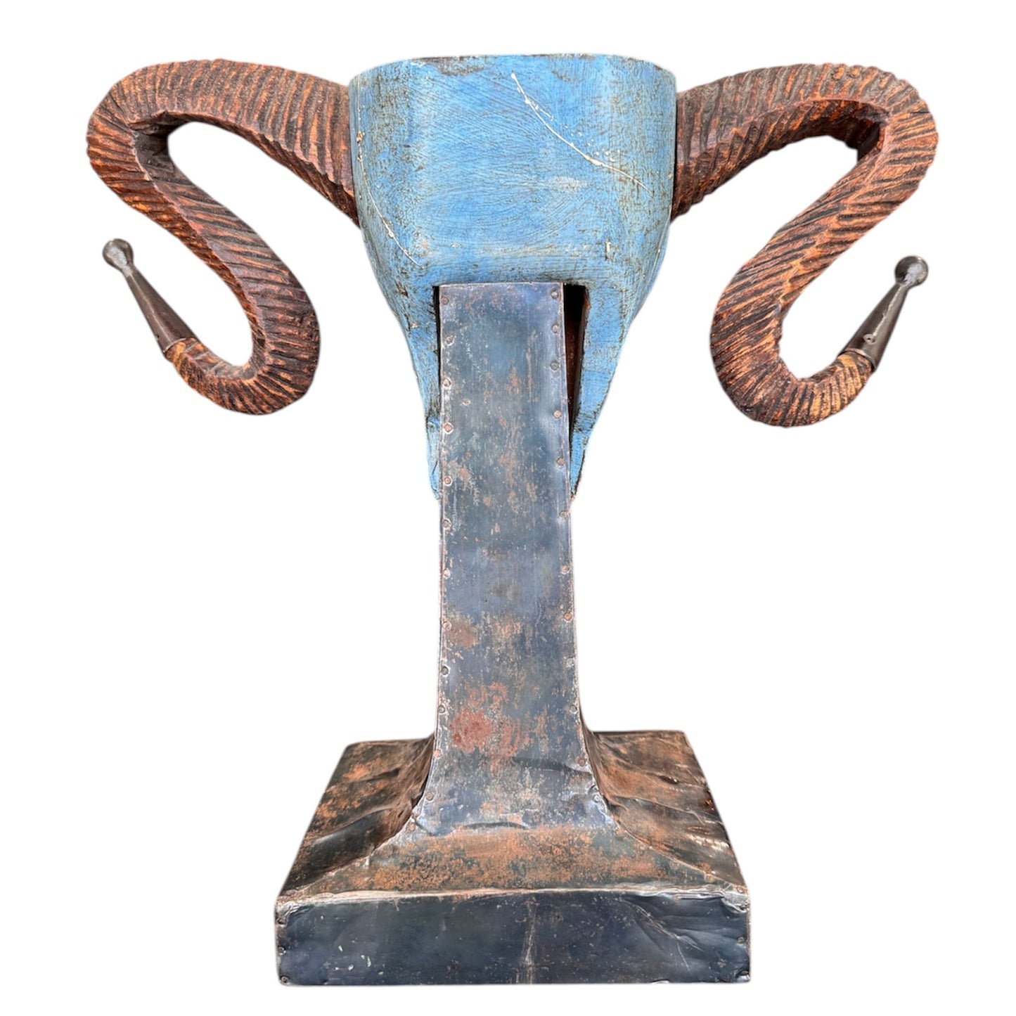 Vintage Turquoise Tone Unique Ram Head Sculpture on Base