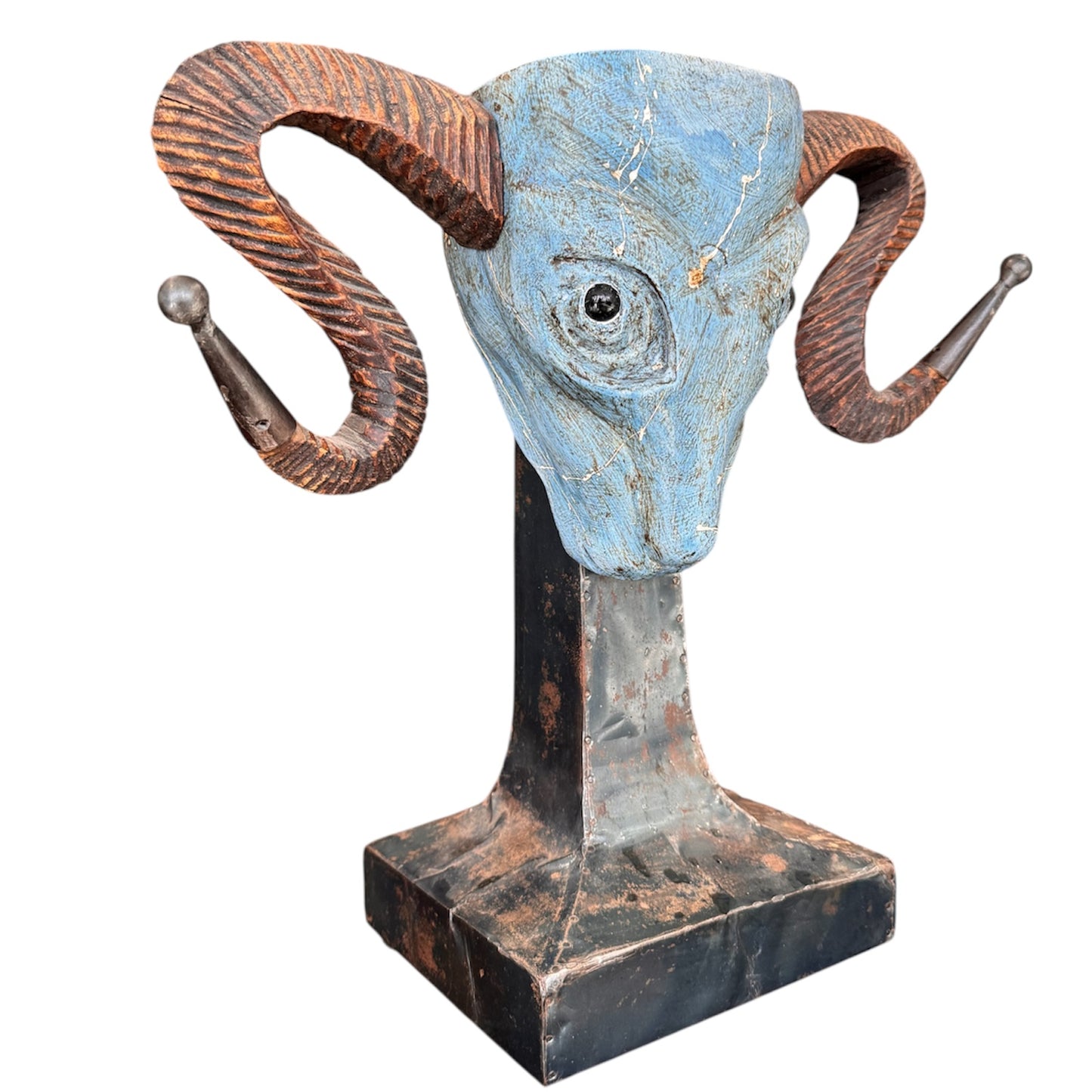 Vintage Turquoise Tone Unique Ram Head Sculpture on Base