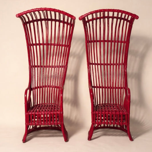 Pair of Red Rattan Chinoiserie Canopy Sun Chairs