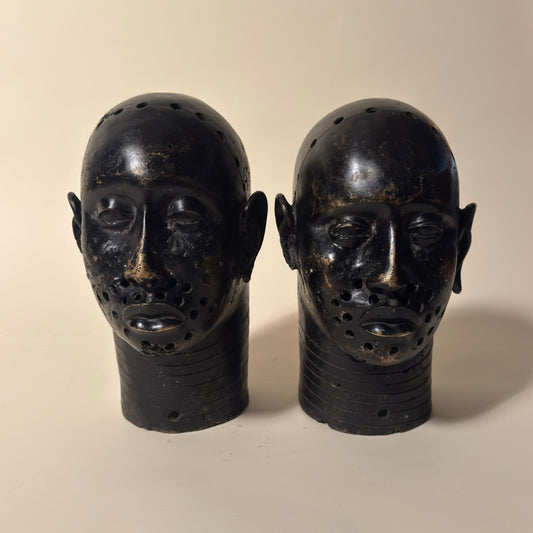 Pair of Nigerian Bronze Heads, 19th Century (Black)