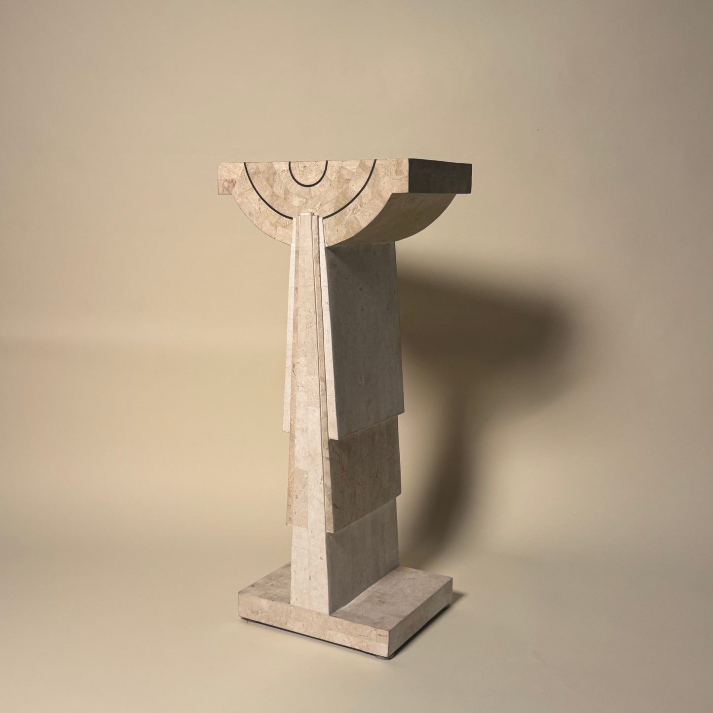 Tessellated Travertine Pedestal with Brass