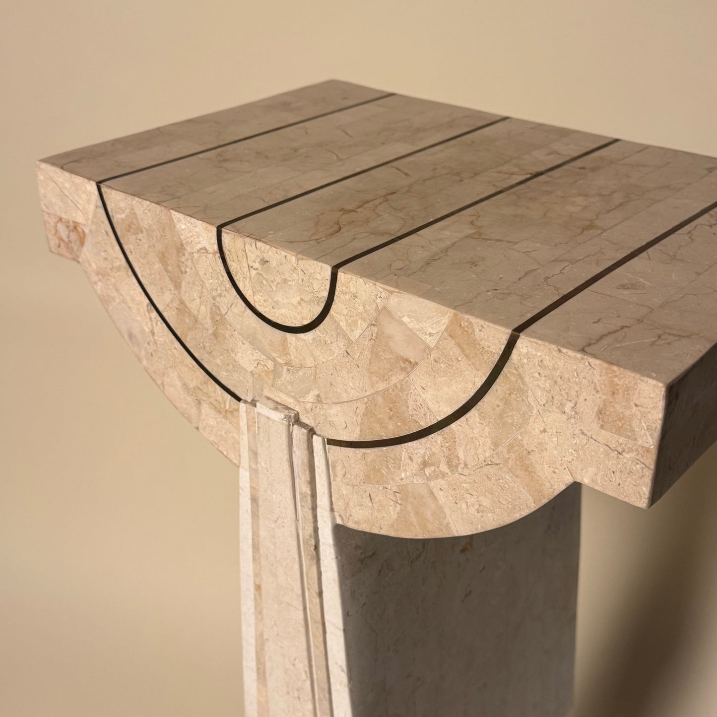 Tessellated Travertine Pedestal with Brass