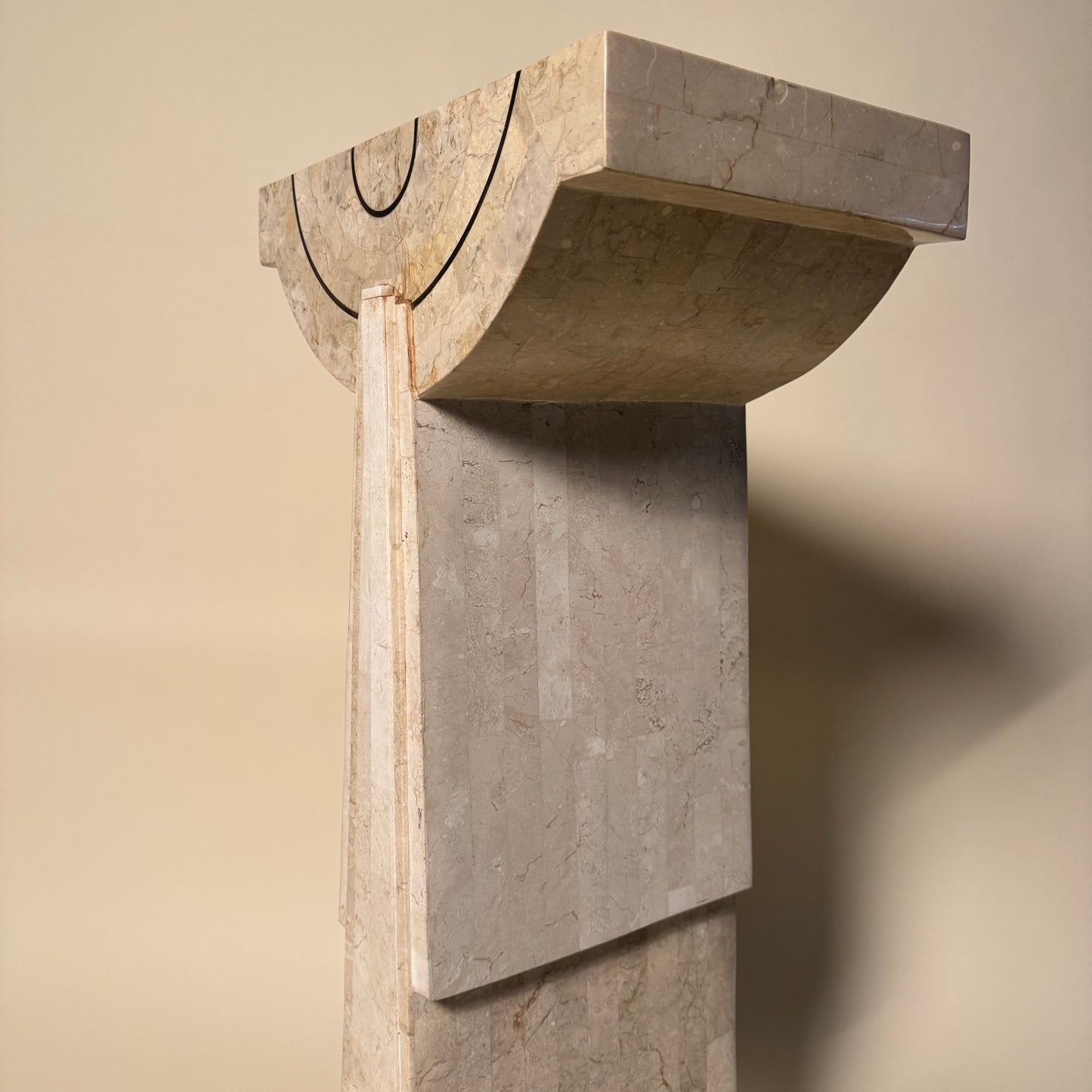 Tessellated Travertine Pedestal with Brass