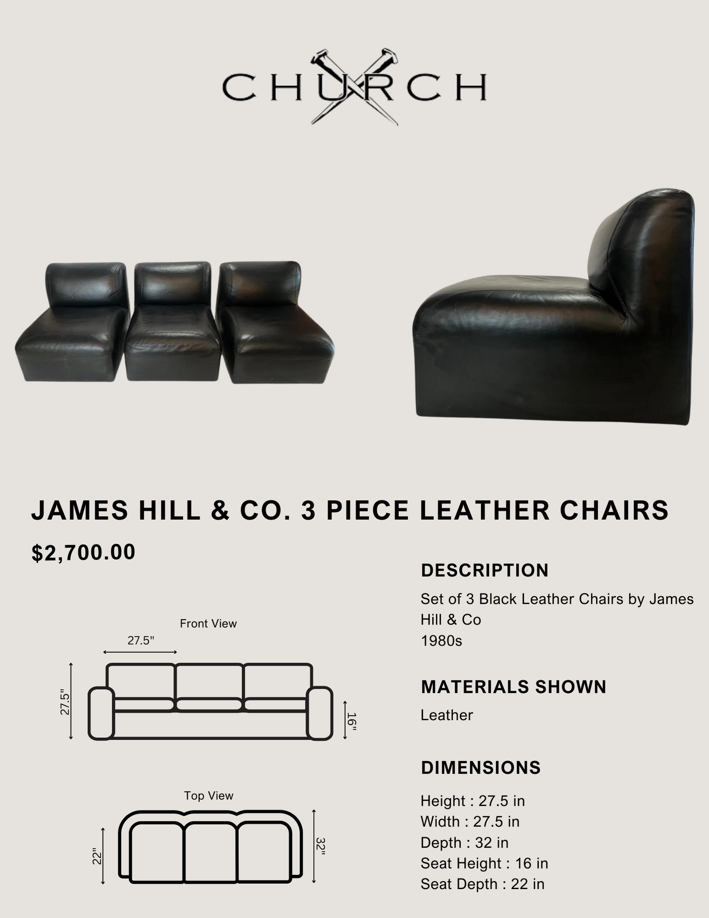 James Hill & Co. 3 Piece Leather Chairs