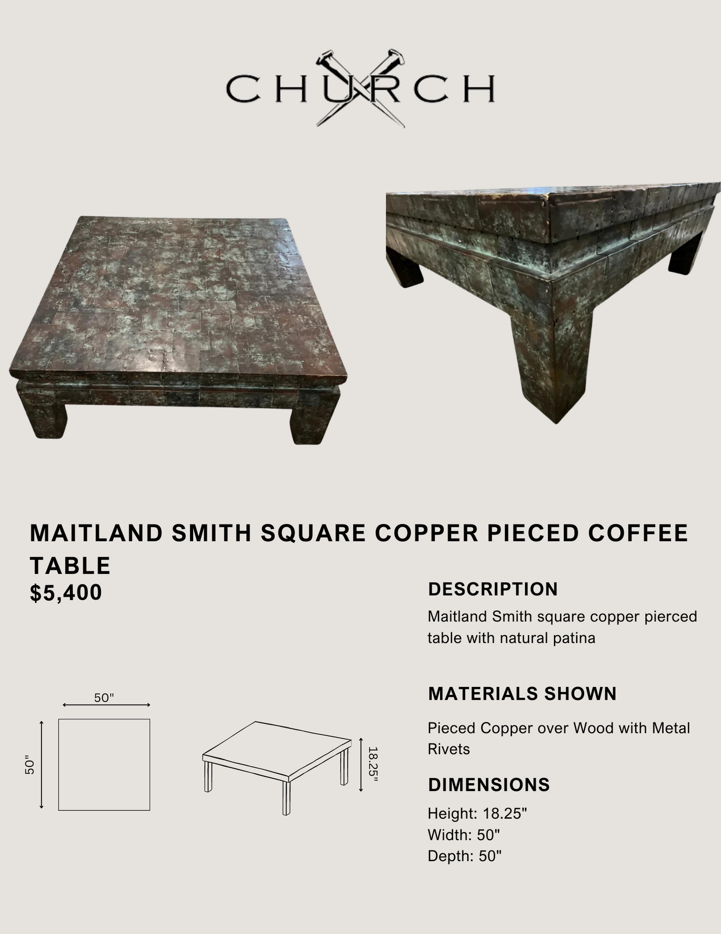Maitland Smith Large Copper Patchwork Coffee Table