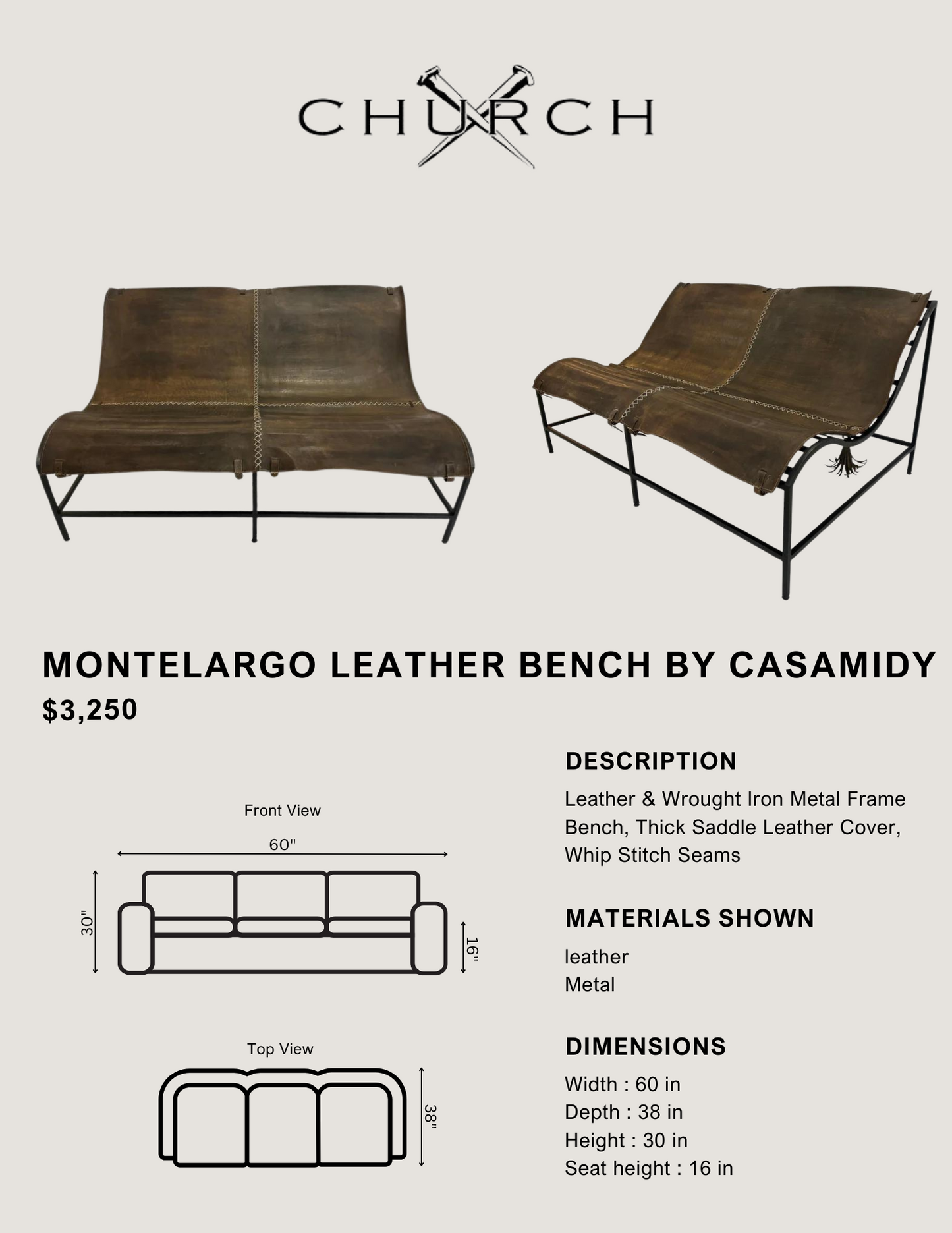Montelargo Leather Bench by Casamidy