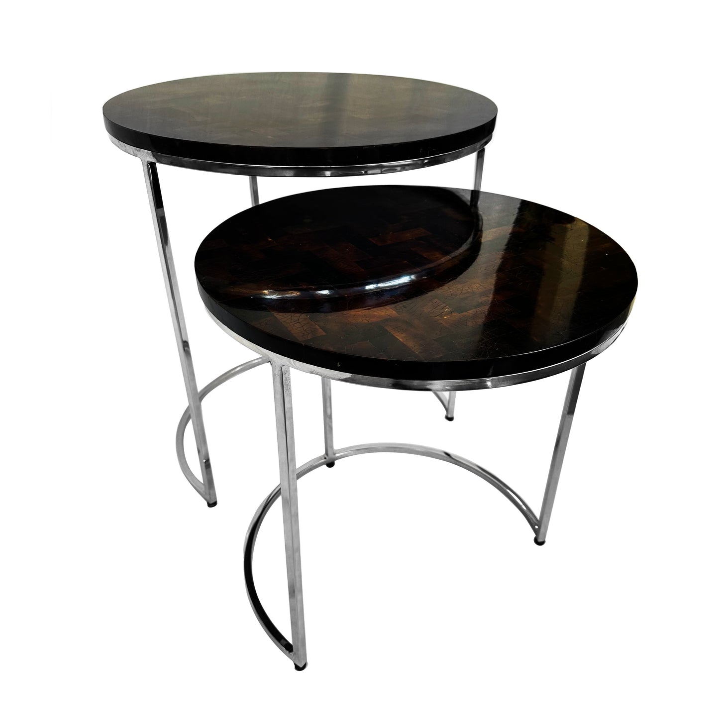 Tessellated Coconut Shell and Chrome Nesting Tables